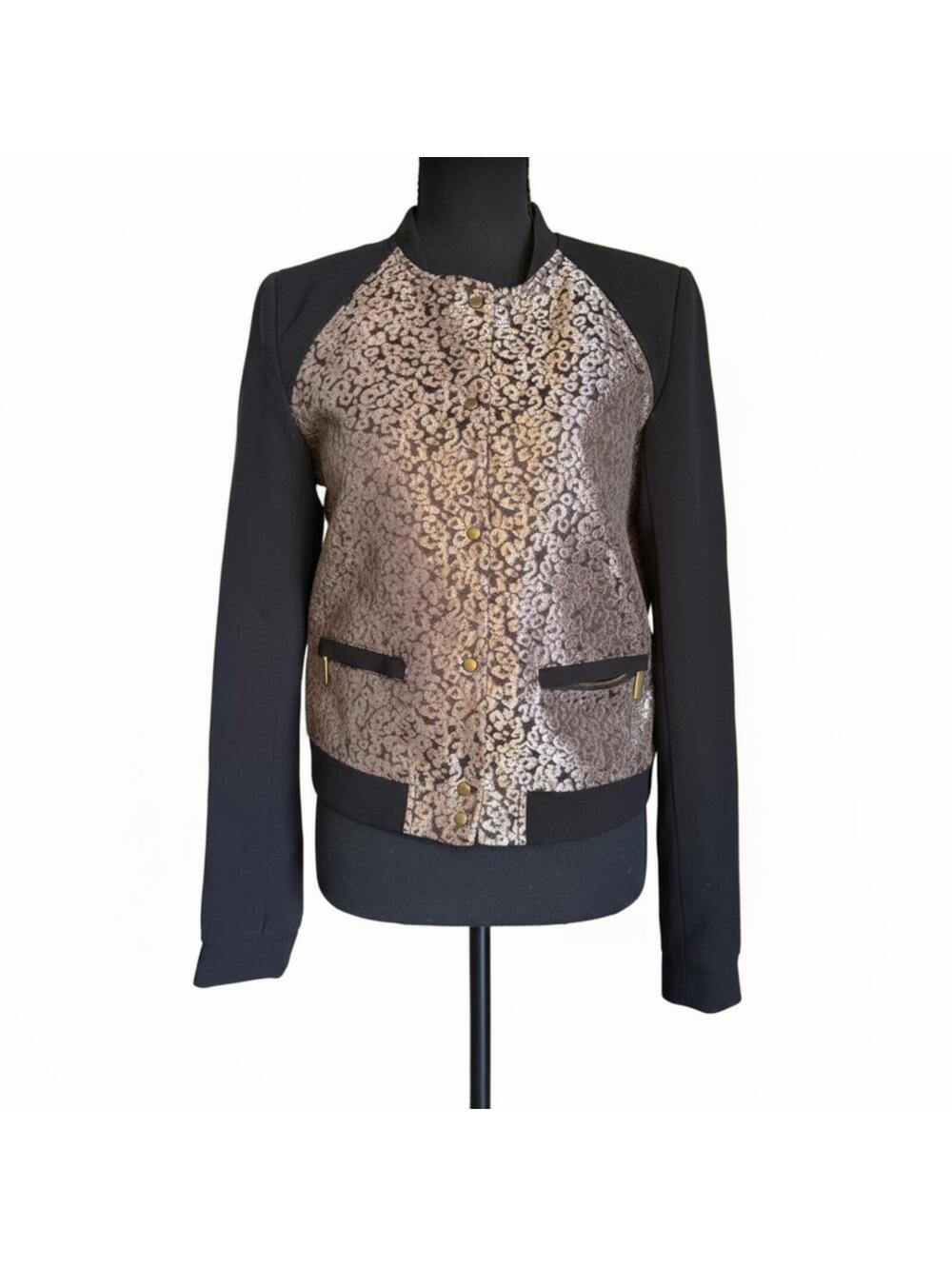 Etam Women Black Gold Metallic Leopard Print Jacquard Bomber Jacket